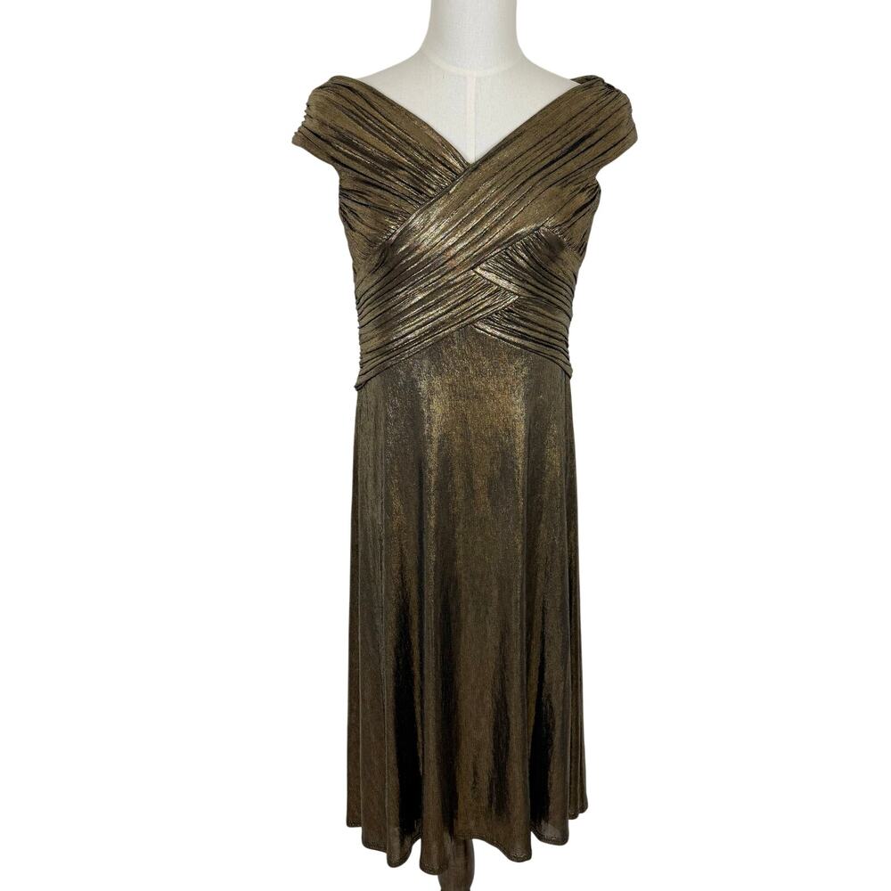 Tadashi Metallic Cap Sleeve Midi Dress Shimmer Bronze/Black M